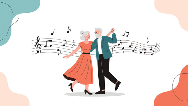 Happy elderly couple dancing together to music with musical notes floating in the background for celebration and retirement lifestyle themes.
