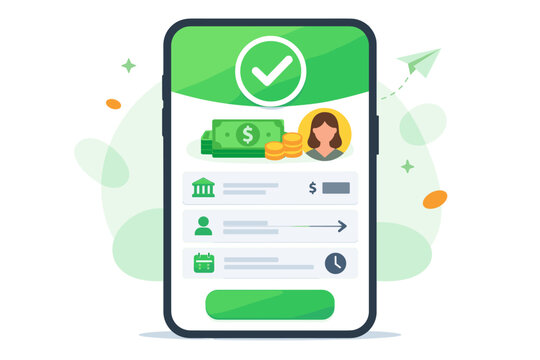 Successful mobile money transfer confirmation on smartphone screen with green checkmark, cash, coins, and transaction history details, flat vector illustration for fintech and banking apps.
