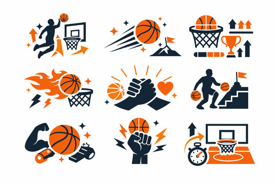 Basketball Motivational Icon Set Featuring Players, Hoops, Trophies, and Training Symbols in Flat Vector Style for Sports Branding, Coaching, Team Spirit, and Athletic Achievement Graphic Design.