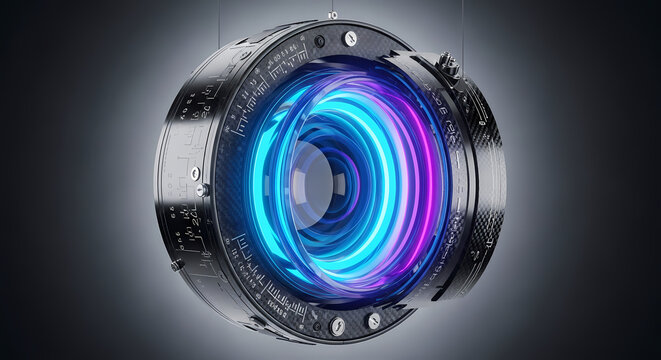 Professional digital photography equipment featuring an abstract blue technology background with circles and a macro lens focus on a glass optical aperture
