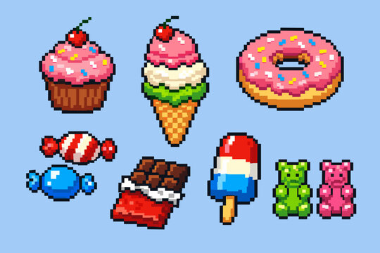 Pixel art set of colorful sweets and desserts including a cupcake with cherry, triple scoop ice cream cone, strawberry glazed donut, chocolate bar, popsicle, gummy bears, and hard candies. Retro