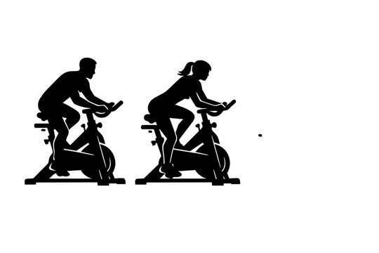 Black silhouettes of people exercising on stationary exercise bikes. Indoor cycling class vector illustration featuring a man and women working out for fitness, health, and cardio training.