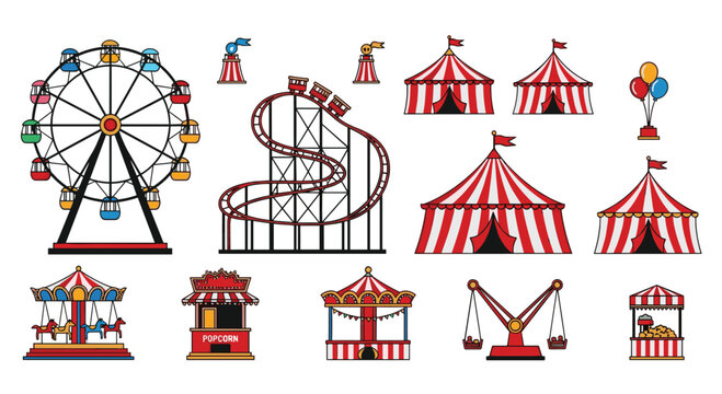 A collection of isolated amusement park icons features a Ferris wheel, roller coaster, circus tents, and carnival rides.