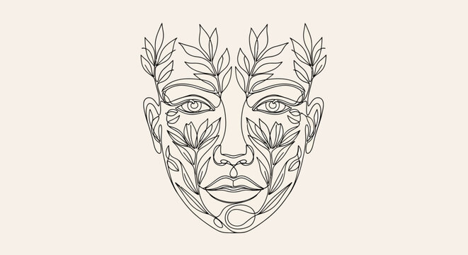 Abstract Face Line Art with Botanical Leaves, Elegant Beauty and Nature Fusion