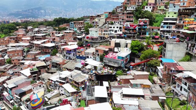 Aerial Drone Footage of Medell&iacute;n Cable Car System &ndash; Comuna 13 Urban Landscape and Mountain City