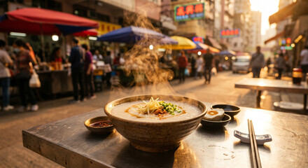 Fototapeta premium A lifestyle food photograph of a steaming bowl of congee set on a stainless steel table during the golden hour. The low sun catches the steam and makes the smooth surface of the congee glow. 