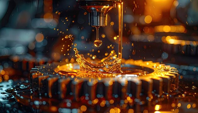 Close up of industrial machinery and liquid lubrication process