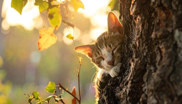 Cat naps in warm sunlight, nestled in tree bark