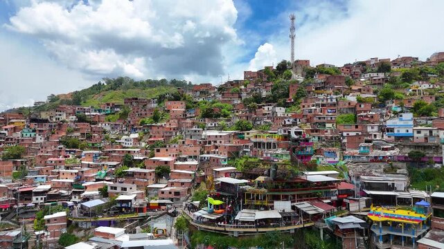 Aerial Drone Footage of Medell&iacute;n Cable Car System &ndash; Comuna 13 Urban Landscape and Mountain City