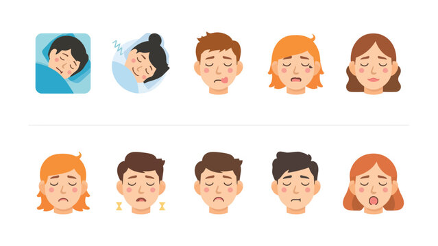 Sleep and Tiredness Illustration: A collection of various illustration depicting the experience of sleep and feelings related to tiredness and sleepiness.