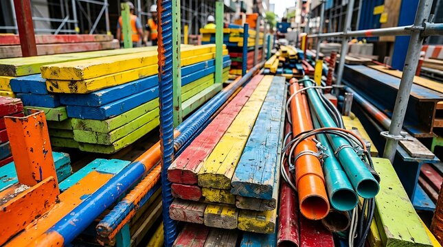 A large pile of colorful construction materials and equipment on a site  building supplies