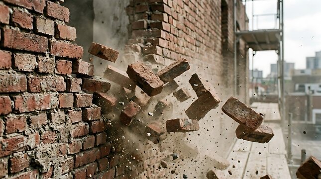 Bricks falling off a crumbling red brick wall with dust and debris flying everywhere in a construction site