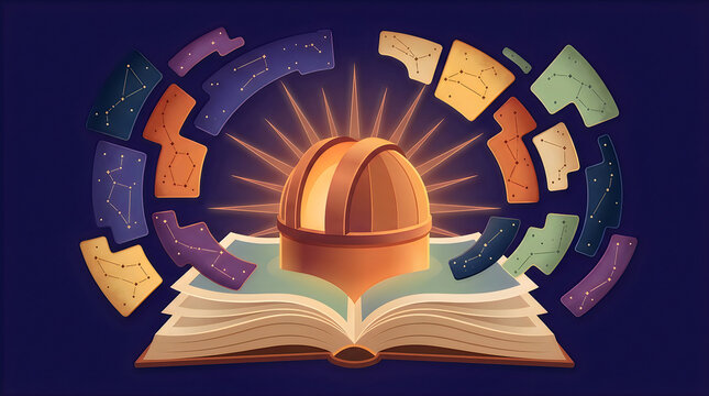 Illustration of an open book with a dome and constellations