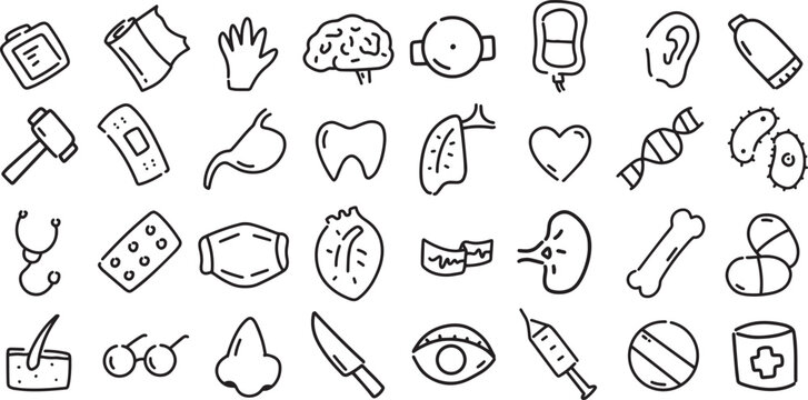 A comprehensive set of medical and healthcare icons featuring human organs, first aid supplies, and clinical equipment in a clean black and white doodle style