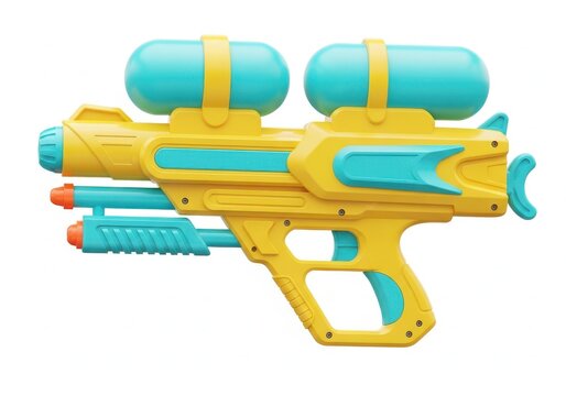 Colorful toy water gun with dual tanks and multiple barrels