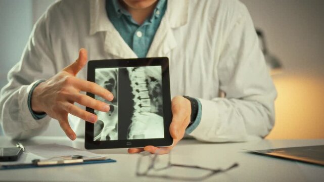 Inside a corporate medical office, a doctor conducts a detailed consultation with a patient, displaying spine X-ray images on a touch tablet and pointing out the problem area for clear understanding