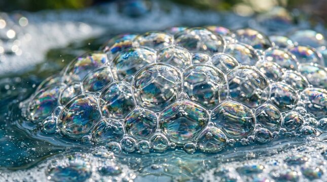Vibrant Iridescent Soap Bubbles Reflecting Light on Water Surface Abstract Macro