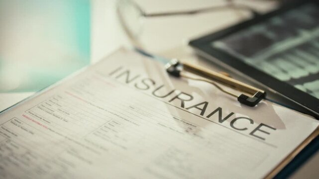 In a dental clinic office, a dentist walks a patient through an insurance form for medical insurance covering dental treatment, illustrating paperwork procedures and patient care today