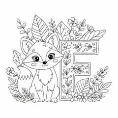 Naklejka premium Cute Fox with Letter F Forest Coloring Page