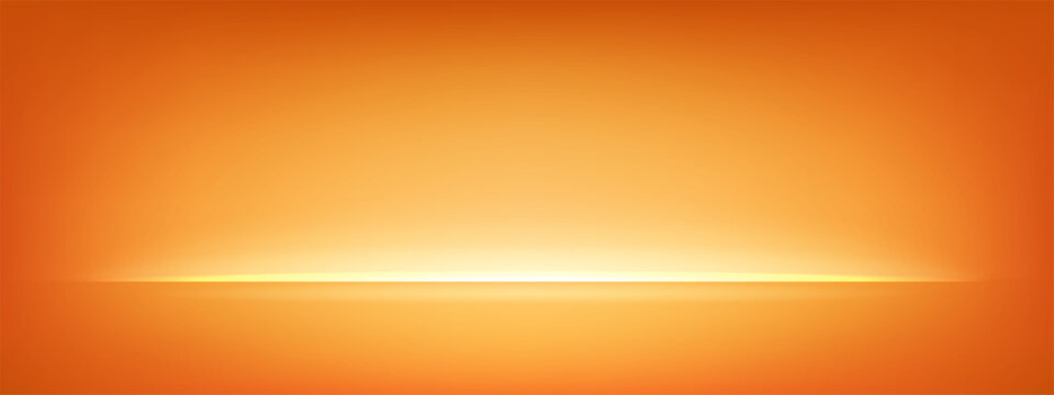 Orange limbo background for abstract studio design. Bright golden bg with yellow gradient on back with neon light line on floor. Minimal kitchen countertop mockup with blank plain mesh scene