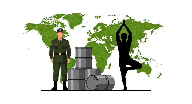 Soldier and yogi with oil barrels.