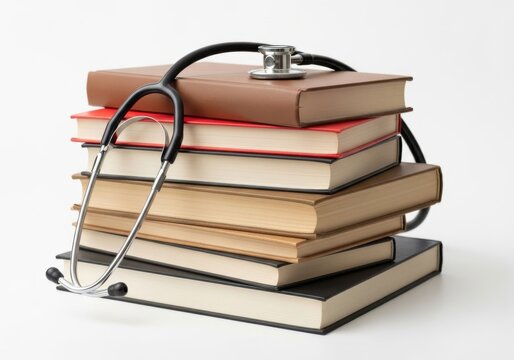 Stethoscope resting on a stack of medical textbooks isolated on white background