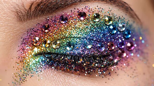 Close-up of a blue human eye featuring vibrant rainbow glitter and multi-colored rhinestones applied to the eyelids and surrounding skin in a creative artistic beauty concept.