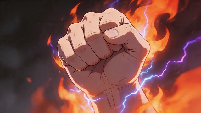 Fist surrounded by fire and lightning