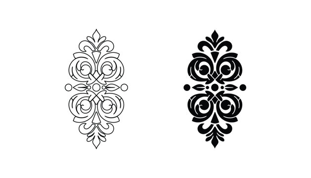 Intricate damask style decorative centerpiece element with detailed leaf patterns and symmetrical scrolls shown in both solid black and outline vector formats for professional design applications