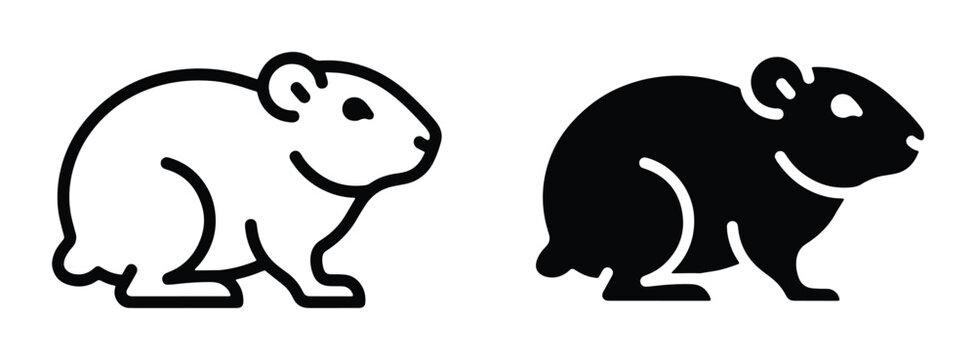 Minimalist hamster vector icons, black outline and solid silhouette rodent symbols, cute pet guinea pig line art for pet shop branding