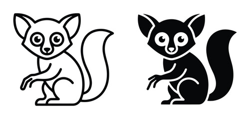 Minimalist lemur vector icons, cute prosimian character set in line art and solid black silhouette, exotic primate animal graphics for logos © Nusrat