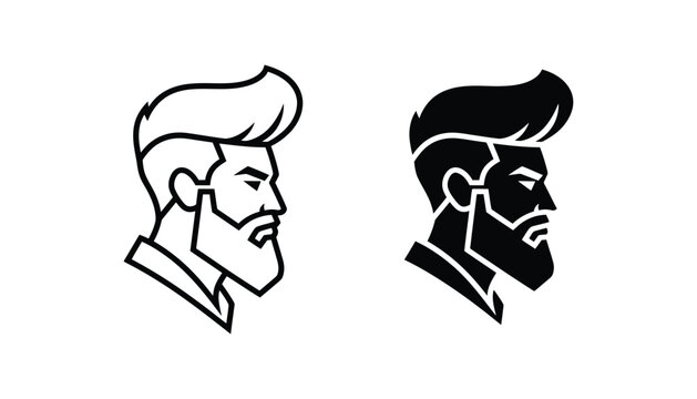 Stylized male profile with modern pompadour hairstyle and full groomed beard presented in both solid black and outline vector styles for barbershop branding or men's grooming product assets