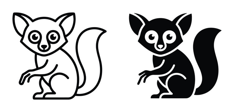 Minimalist lemur vector icons, cute prosimian character set in line art and solid black silhouette, exotic primate animal graphics for logos