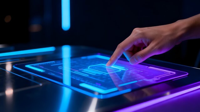 Hand interacting with futuristic touch screen