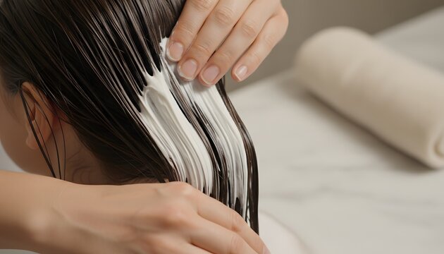 Professional spa worker applying hair treatment to wet dark locks for a healthy shine and nourishment concept in a luxury wellness salon setting