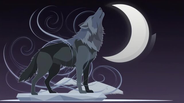 A stylized dark wolf stands on a geometric rock head tilted back as if howling in a mysterious night scene with a glowing crescent moon and swirling wind patterns in a digital art illustration.