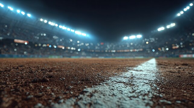 Night stadium illuminated by spotlights, focusing on the field's dirt and white line