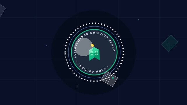 Green building certification seal rotating motion graphic