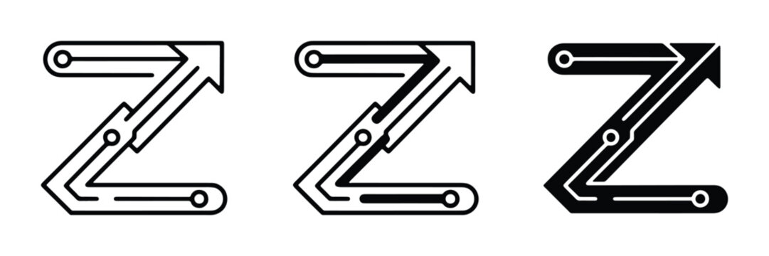 Circuit Board Letter Z Icons, Technology and Data Flow Symbols, Digital Network and Connectivity Graphics