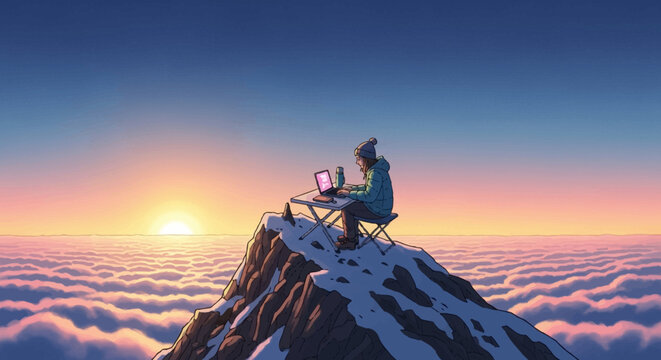Man working on laptop at mountain peak.