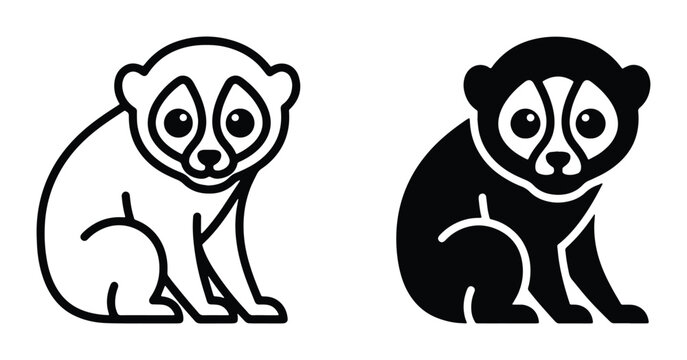 Minimalist slow loris vector icons, cute primate character set in line art and solid black styles, exotic animal logo graphics for wildlife conservation
