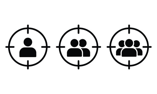 Target audience and customer profiling icons with person and group symbols in crosshairs