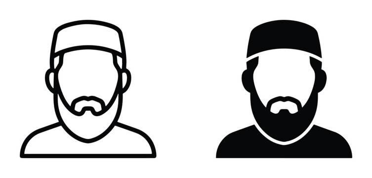 Muslim man avatar icons, bearded male character wearing kufi hat, religious islamic person vector illustrations in outline and solid styles