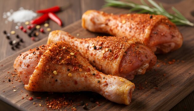 Raw chicken drumsticks in spicy rub seasoning prepared on a rustic wooden board for a delicious home cooking and culinary flavor concept with chili and herbs