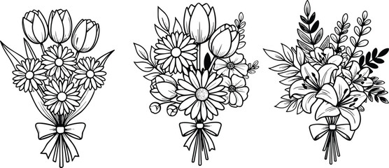 Set of three elegant black and white floral bouquet line art illustrations with tulips, daisies, and lilies for wedding invitations, greeting cards, and coloring pages. © MSTARJINAAKTHER