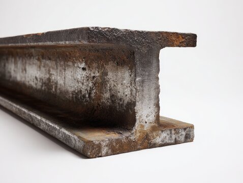 Close-up of a rusty, weathered I-beam's cross-section against a plain background