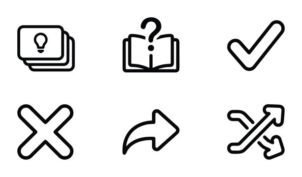 Minimalist black line icon set, 6 education and interface vector symbols, thin stroke flashcards and book icons for mobile apps and web design
