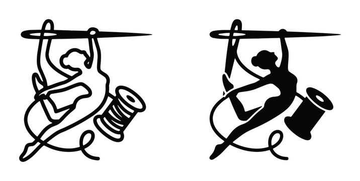 Vintage sewing logo with seamstress silhouette, needle and thread spool vector icons, elegant tailor shop branding elements in black and white