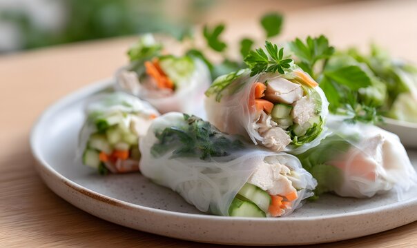 close-up of rice paper rolls filled with sliced chicken, cucumber, carrot and fresh greens, slightly translucent wrapper showing colorful filling, simple healthy lunch