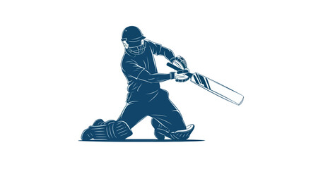 Obraz premium Cricket player batting silhouette, dynamic action shot, blue illustration on white background